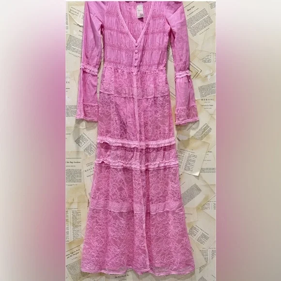 Free People Sweet Saloon Maxi Bodysuit Skirted Floral Mesh Lace BellSleeve Pink